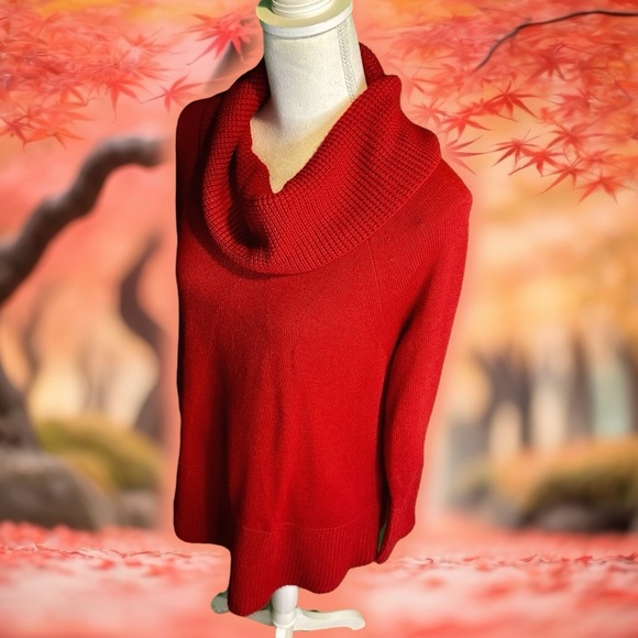 Calvin Klein Red Cowl Neck Knit Pullover Crocheted Trim Sweater Size Large - Picture 5 of 13